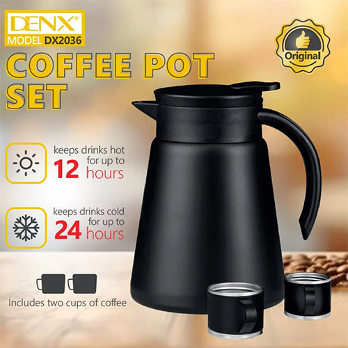 طقم إبريق قهوة حراري DENX DX2036 – 880 مل مع كوبين | ستانلس ستيل عزل 24 ساعة