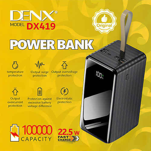 باور بانك DENX DX419 بسعة 100,000mAh وشحن سريع 22.5 واط متعدد الأجهزة