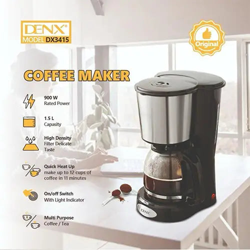 ماكينة قهوة DENX DX3415 بسعة 1.5 لتر وقوة 900 واط، تسخين سريع وفلتر